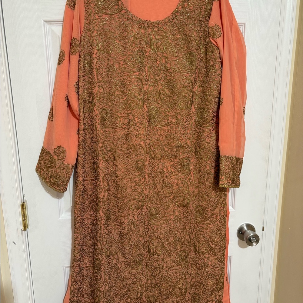 Elegant Coral and Gold Paisley Dress